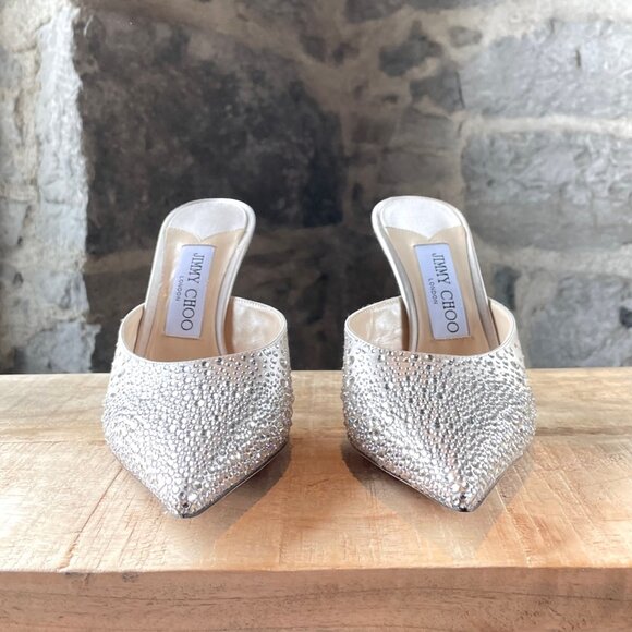 Jimmy Choo Crystal Embellished Satin Rav 100 Heeled Mules - Picture 3 of 10
